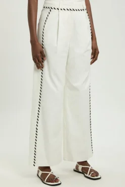 Pantalon Droit En Mélange De Lin Avec Surpiqûres Contrastantes