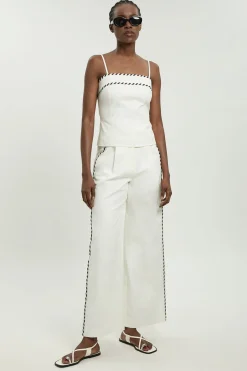 Pantalon Droit En Mélange De Lin Avec Surpiqûres Contrastantes