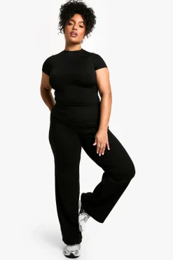 boohoo Pantalon droit grande taille en côtes épaisses avec ceinture rabattable<Femme Pantalons|Tailleurs
