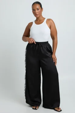 Pantalon Droit Grande Taille En Satin Avec Bordure En Dentelle Cils