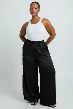 Pantalon Droit Grande Taille En Satin Avec Bordure En Dentelle Cils