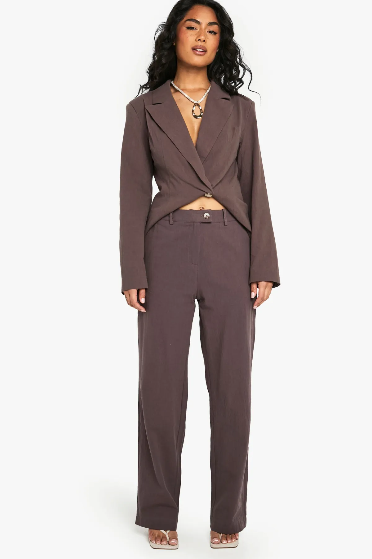 boohoo Pantalon droit sur mesure en lin<Femme Pantalons|Looks Chocolat