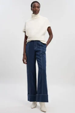 KarenMillen Pantalon Droit Tissé en Coton Tencel avec Surpiqûres Contrastantes - Taille Petite<Femme Pantalons|Tailleurs