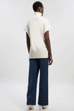 KarenMillen Pantalon Droit Tissé en Coton Tencel avec Surpiqûres Contrastantes - Taille Petite<Femme Pantalons|Tailleurs