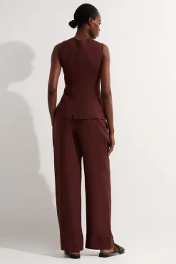 Pantalon droit tissé en lin et viscose avec plis et détails de poche