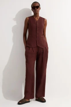 Pantalon droit tissé en lin et viscose avec plis et détails de poche