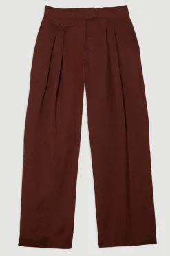 Pantalon droit tissé en lin et viscose avec plis et détails de poche