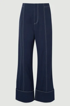 Pantalon Droit Tissé en Mélange Tencel Coton avec Surpiqûres Contrastantes