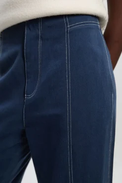 Pantalon Droit Tissé en Mélange Tencel Coton avec Surpiqûres Contrastantes