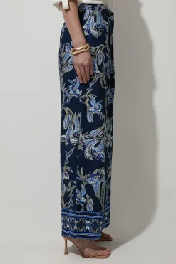 Pantalon droit tissé en viscose et lin à imprimé floral miroitant