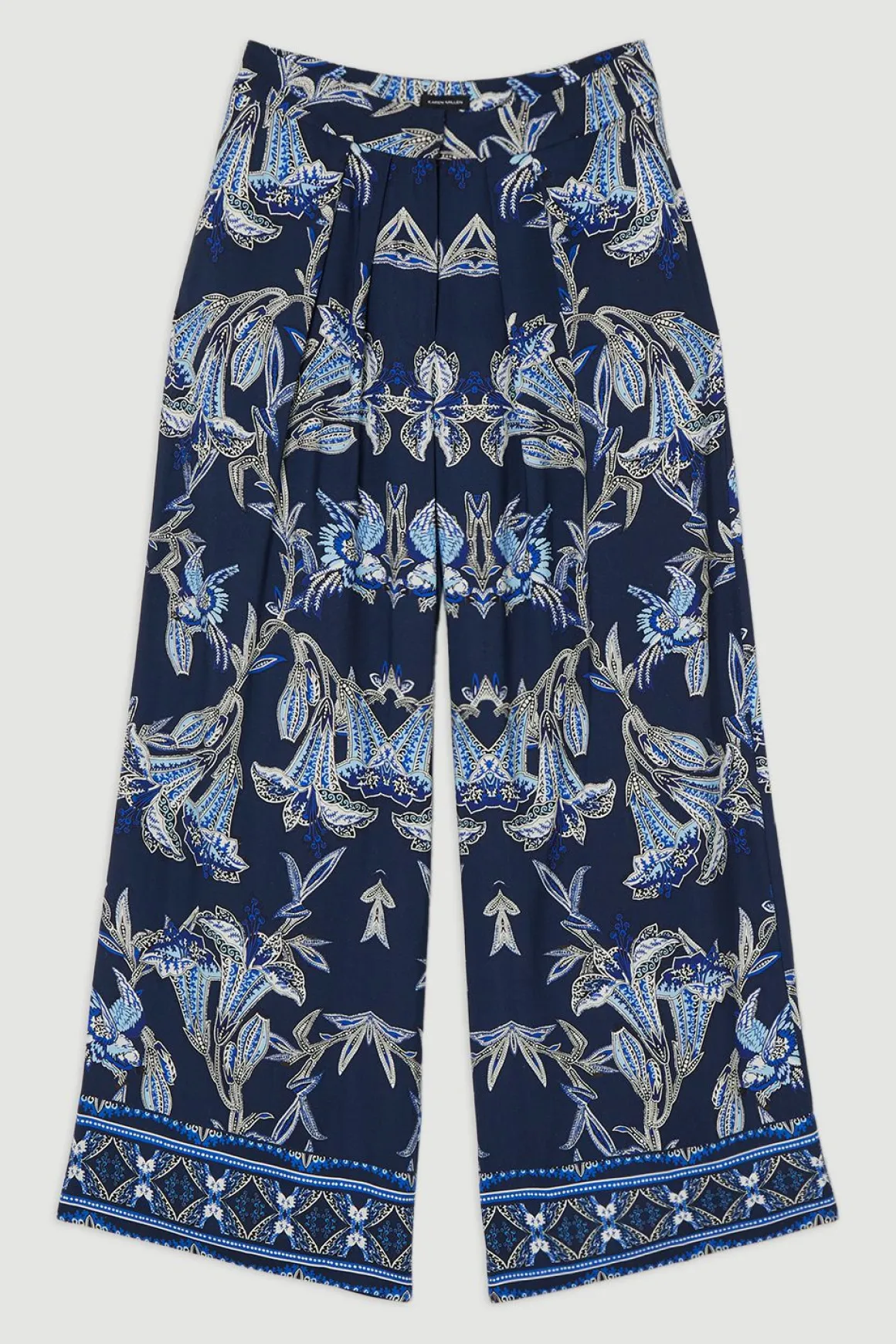 Pantalon droit tissé en viscose et lin à imprimé floral miroitant