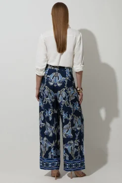 Pantalon droit tissé en viscose et lin à imprimé floral miroitant
