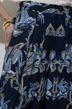 Pantalon droit tissé en viscose et lin à imprimé floral miroitant