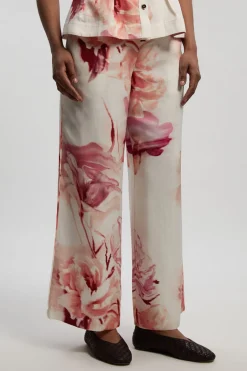 Pantalon Droit Tissé Floral En Lin Viscose Premium