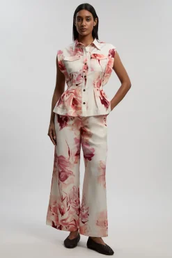 Pantalon Droit Tissé Floral En Lin Viscose Premium