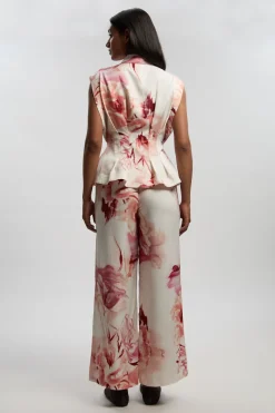 Pantalon Droit Tissé Floral En Lin Viscose Premium