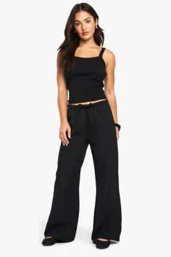 boohoo Pantalon droit tissé à taille élastiquée pour petites<Femme Pantalons