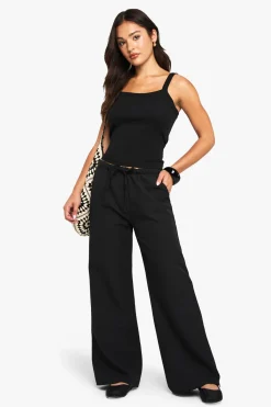 boohoo Pantalon droit tissé à taille élastiquée pour petites<Femme Pantalons