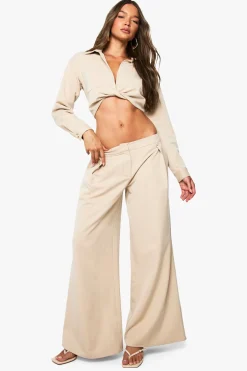 boohoo Pantalon effet lin à plis et jambe colonne<Femme Pantalons|Tailleurs