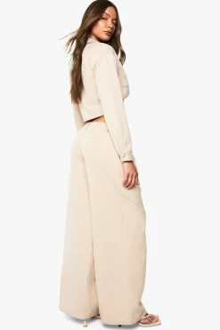 boohoo Pantalon effet lin à plis et jambe colonne<Femme Pantalons|Tailleurs
