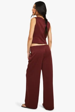 Pantalon à effet lin, taille nouée, jambe large