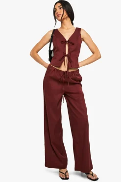 Pantalon à effet lin, taille nouée, jambe large