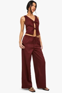 Pantalon à effet lin, taille nouée, jambe large