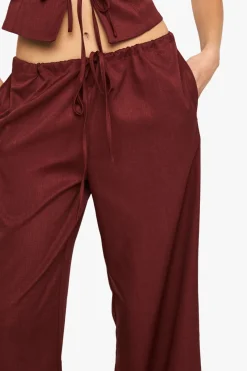 Pantalon à effet lin, taille nouée, jambe large