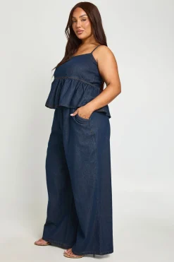 Pantalon En Denim Grande Taille À Jambes Larges Et Taille Élastiquée