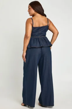 Pantalon En Denim Grande Taille À Jambes Larges Et Taille Élastiquée