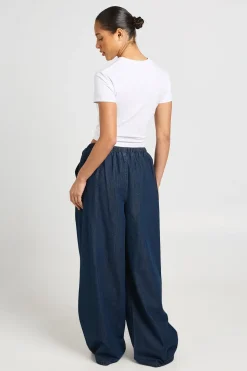 Pantalon En Denim À Jambes Larges Élastiqué