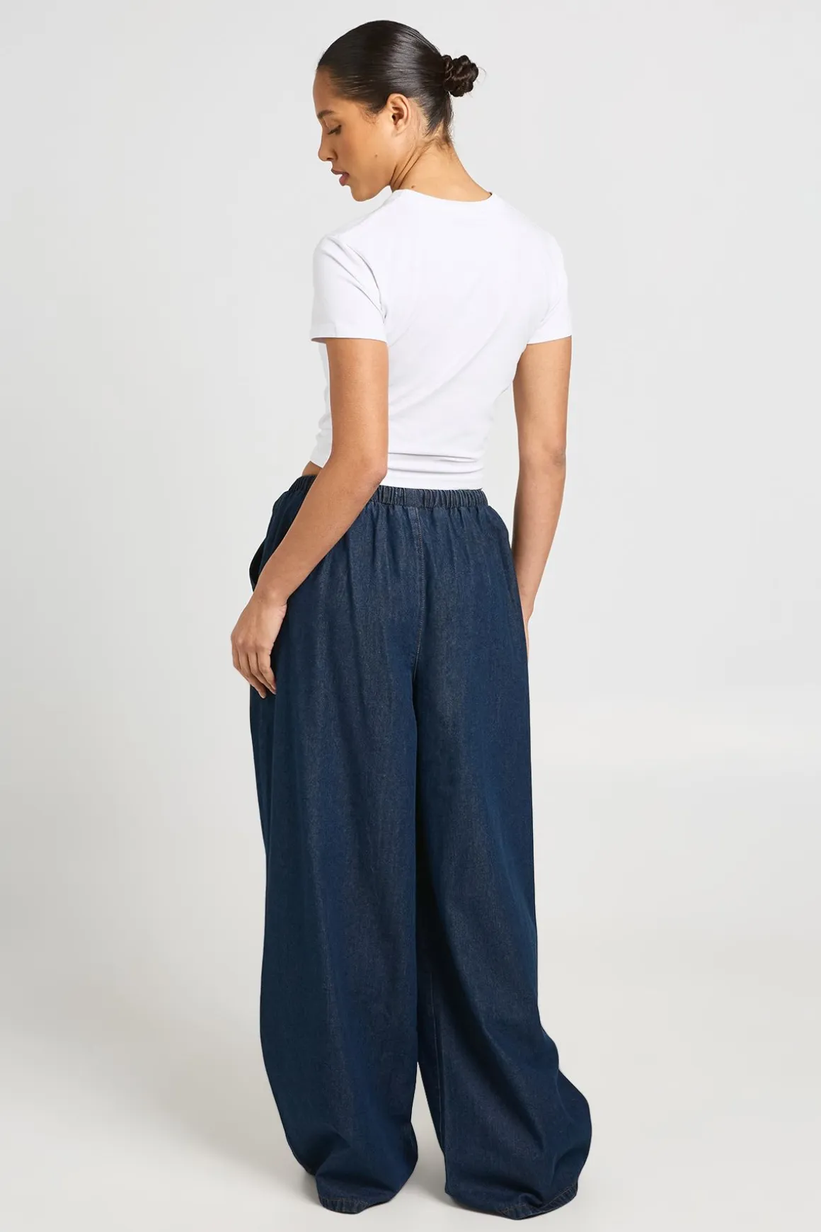 Pantalon En Denim À Jambes Larges Élastiqué