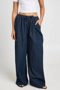 Pantalon En Denim À Jambes Larges Élastiqué