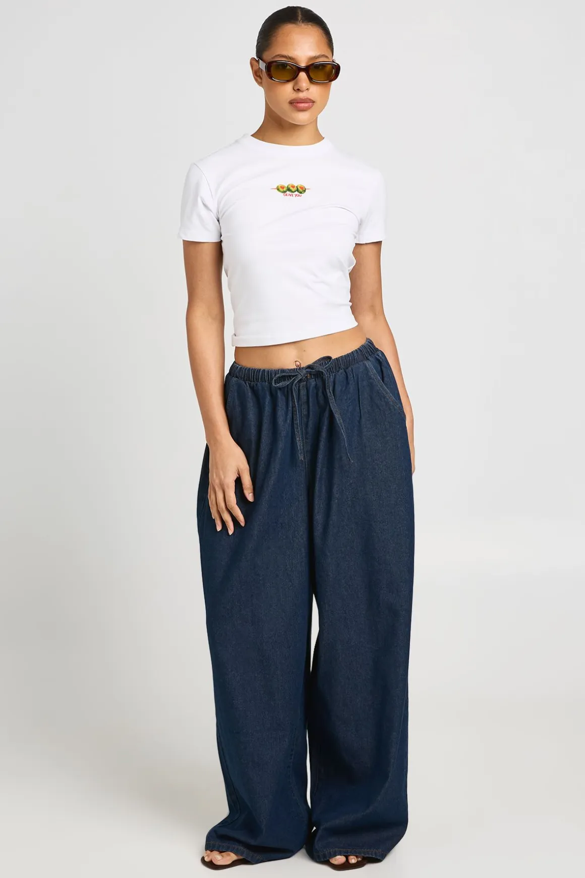 Pantalon En Denim À Jambes Larges Élastiqué