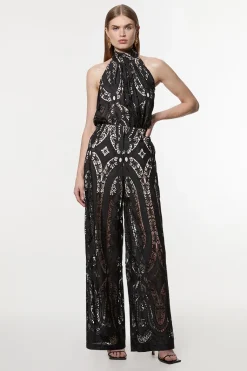Pantalon en georgette transparente à découpes, tissé avec jambes larges