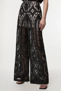 Pantalon en georgette transparente à découpes, tissé avec jambes larges