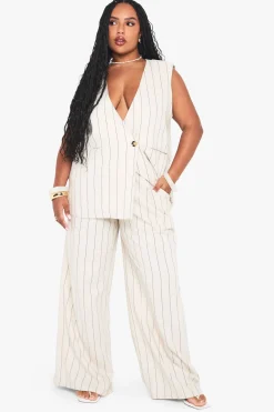 boohoo Pantalon en lin rayé sur mesure pour grande taille<Femme Pantalons
