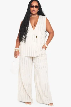 boohoo Pantalon en lin rayé sur mesure pour grande taille<Femme Pantalons