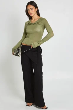 Pantalon En Sergé À Taille Nouée Et Boutons Nacrés