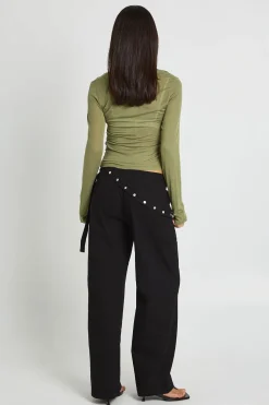 Pantalon En Sergé À Taille Nouée Et Boutons Nacrés