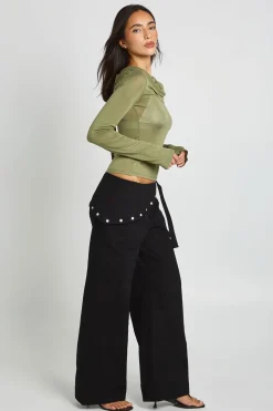 Pantalon En Sergé À Taille Nouée Et Boutons Nacrés