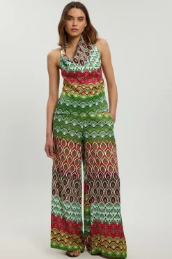 Pantalon En Viscose Satinée À Imprimé Multicolore