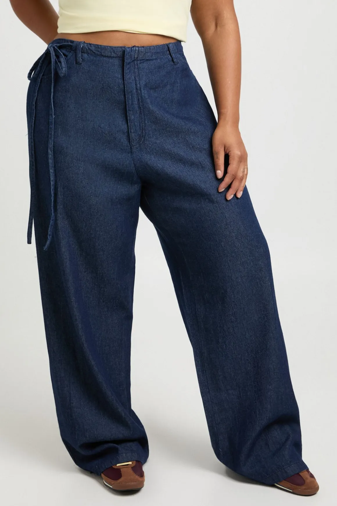 Pantalon Grande Taille En Chambray Avec Détail Nœud À La Taille