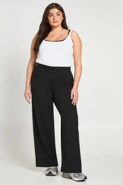 Pantalon Grande Taille en Jersey à Taille Repliée et Jambes Évasées