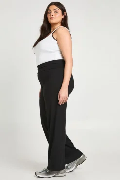 Pantalon Grande Taille en Jersey à Taille Repliée et Jambes Évasées
