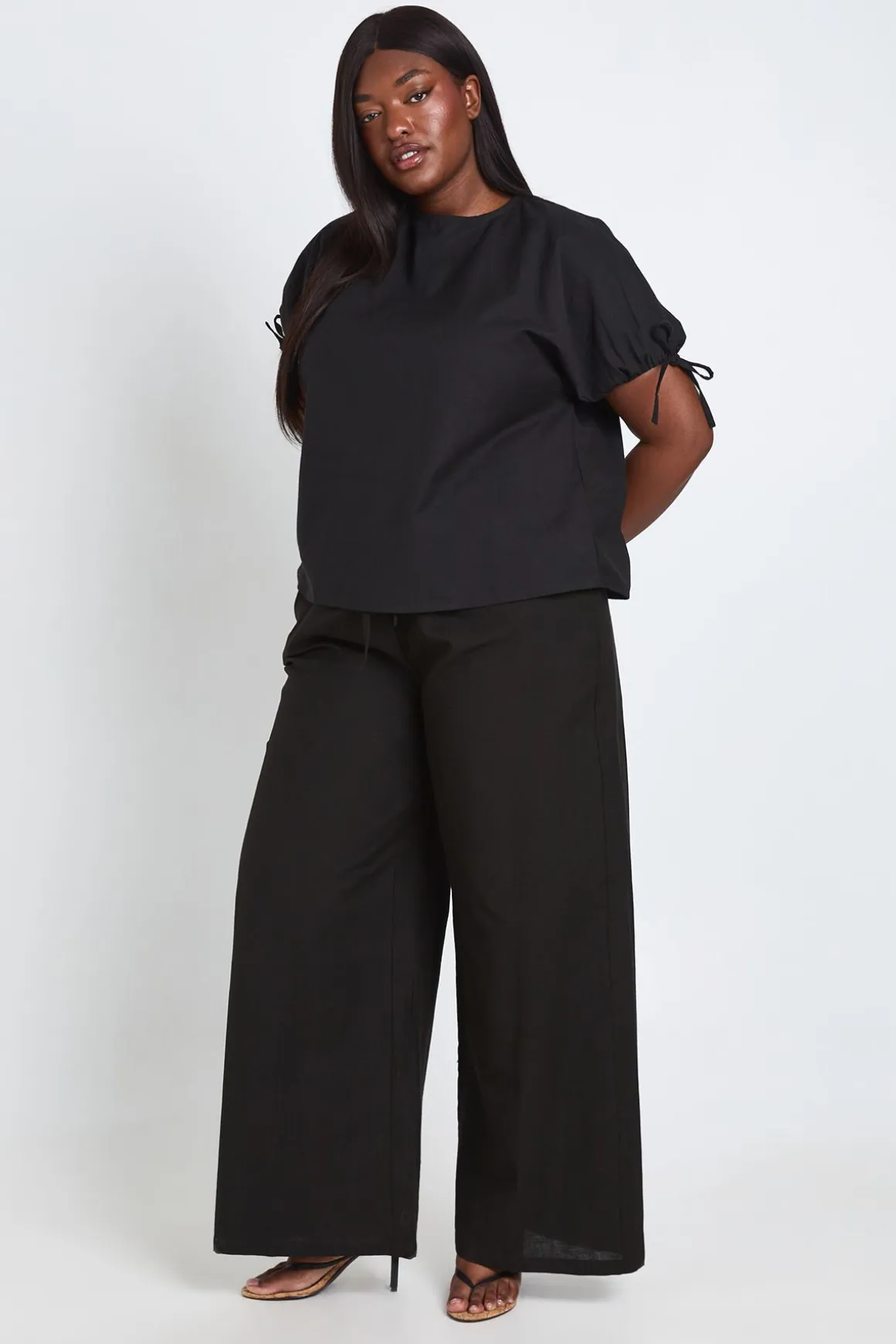 Pantalon Grande Taille En Lin À Taille Élastiquée Et Jambes Larges