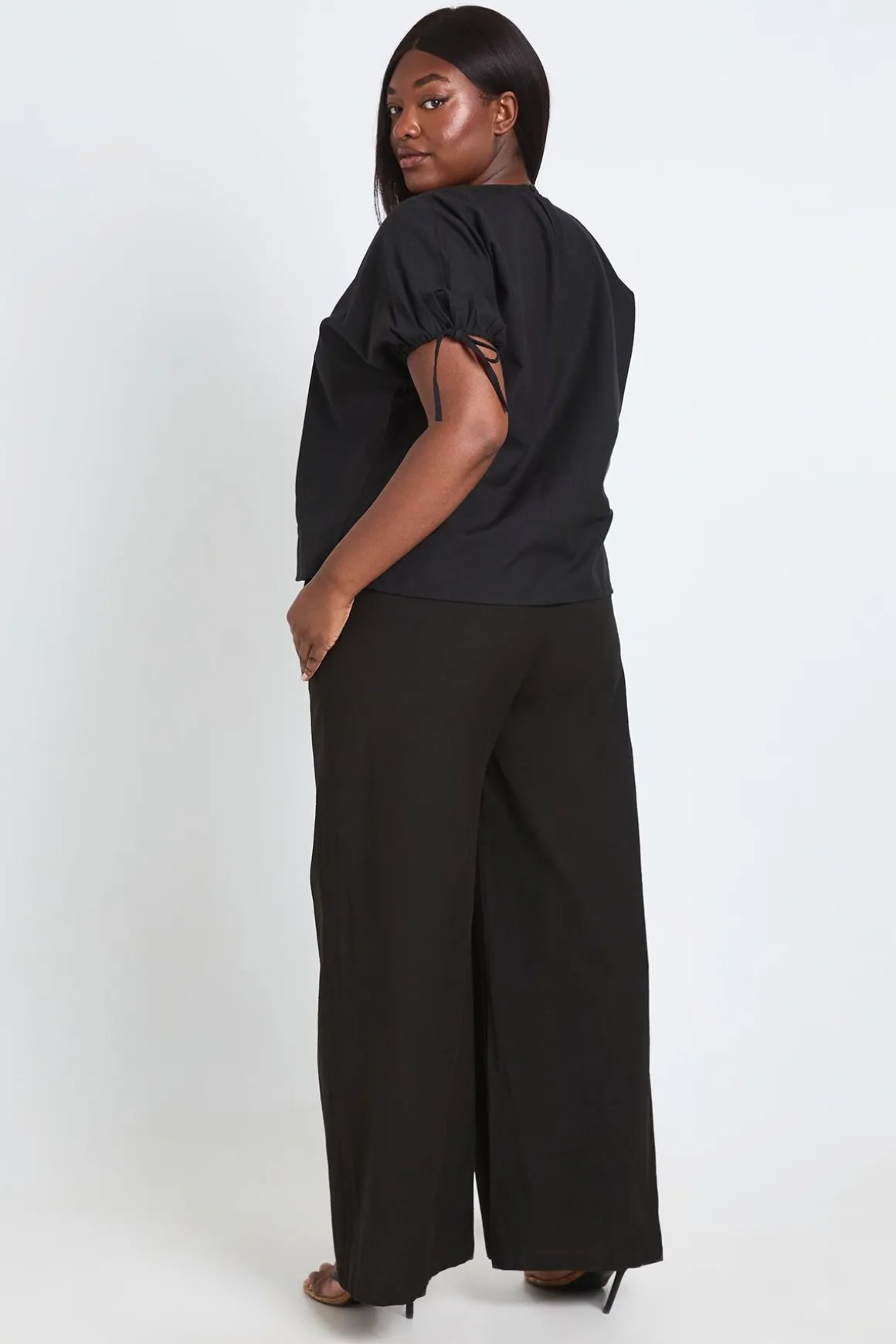 Pantalon Grande Taille En Lin À Taille Élastiquée Et Jambes Larges
