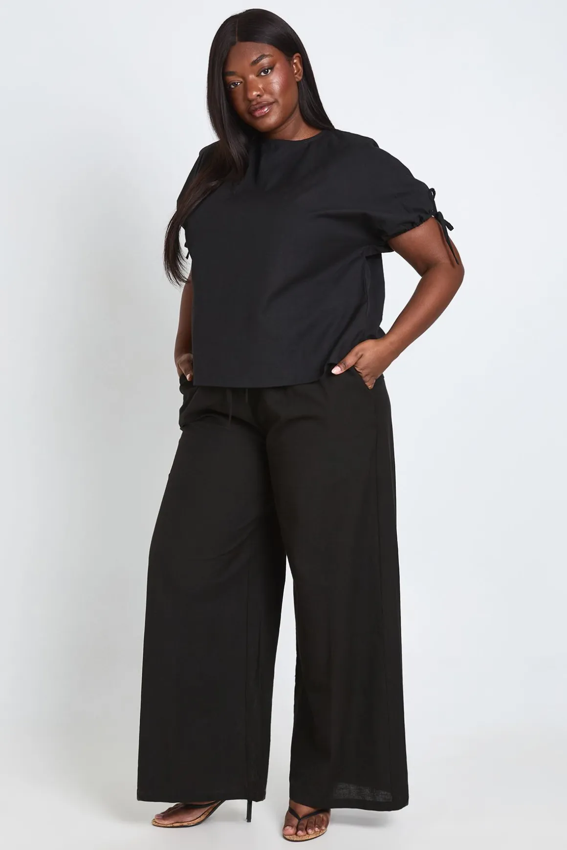 Pantalon Grande Taille En Lin À Taille Élastiquée Et Jambes Larges