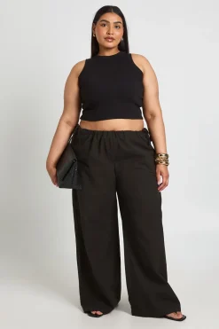 Pantalon Grande Taille En Lin À Jambes Larges Taille Basse Avec Liens Sur Les Côtés