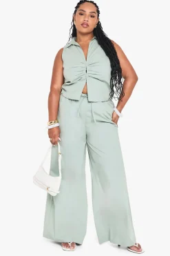 boohoo Pantalon grande taille en popeline à jambe large, avec taille à cordon de serrage<Femme Pantalons